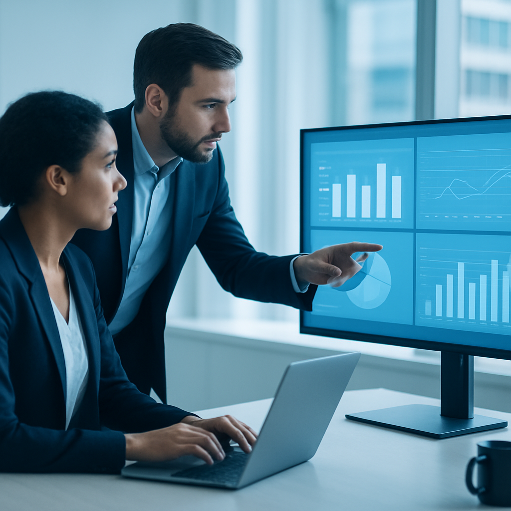 Equipo profesional analizando indicadores de pagos y cobros en una oficina moderna