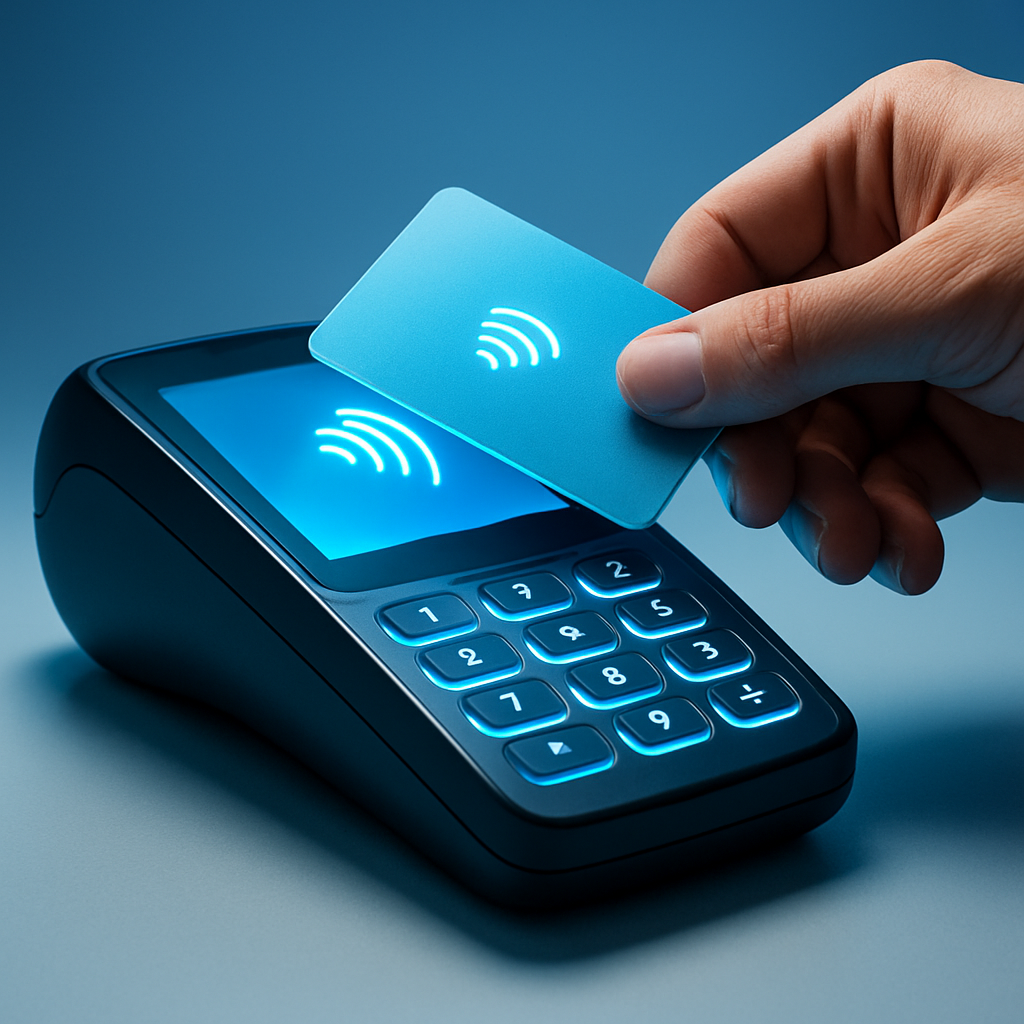 Terminal de pago moderno aceptando un pago sin contacto con tarjeta